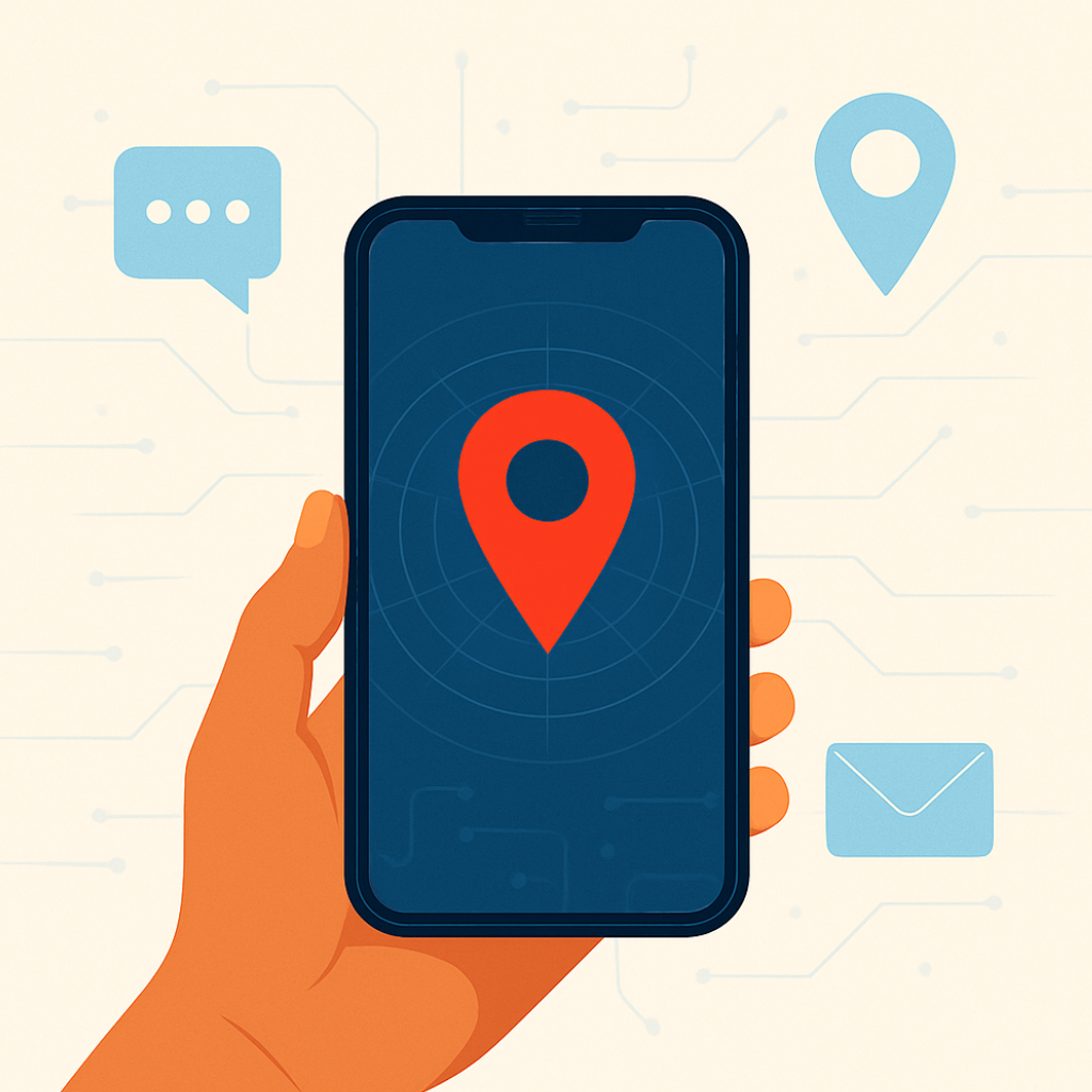 Hand holding smartphone with red location pin on screen surrounded by icons for messaging and mail